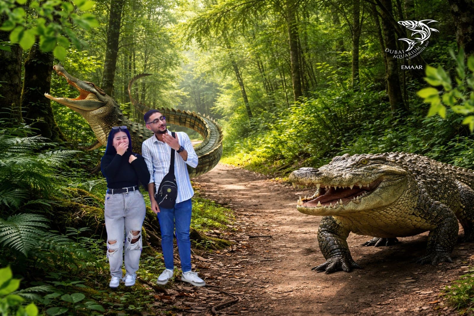 Kim and me laughing on a forest path while two crocodiles grin at us