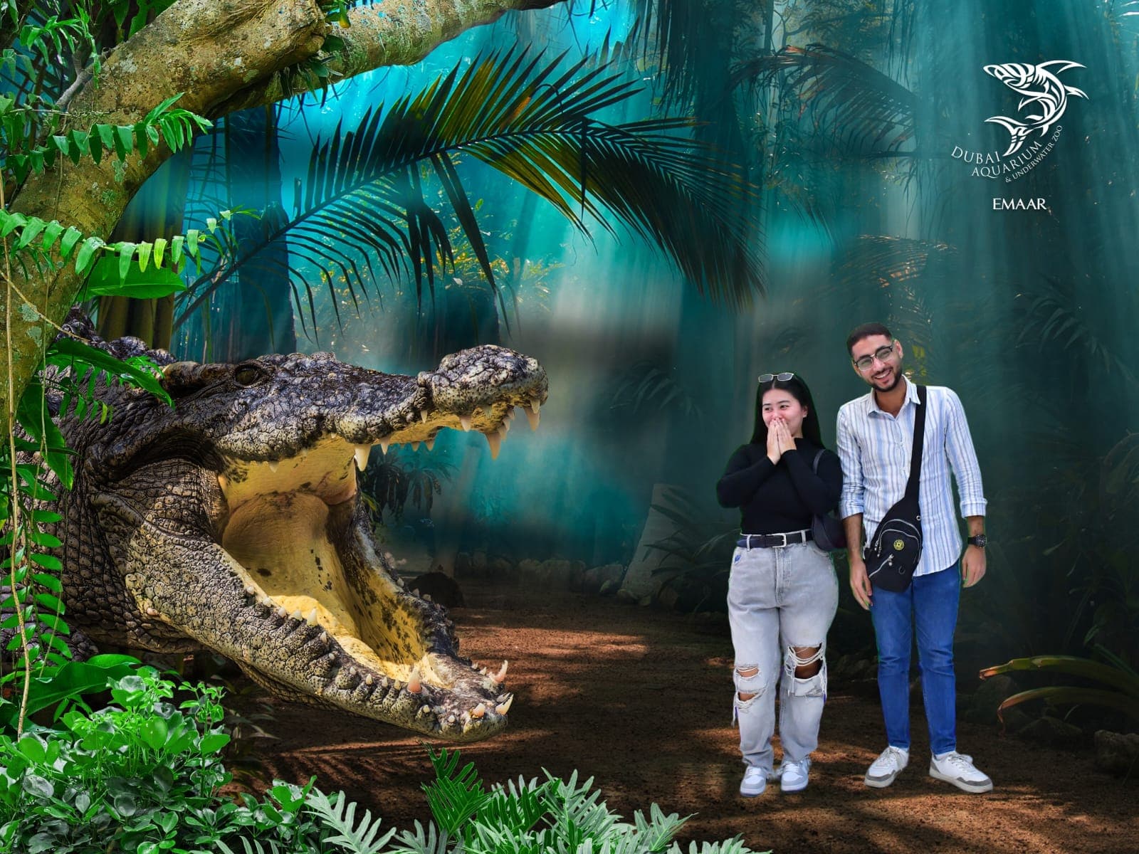 Kim covering her mouth in mock fright beside a giant crocodile, while I grin