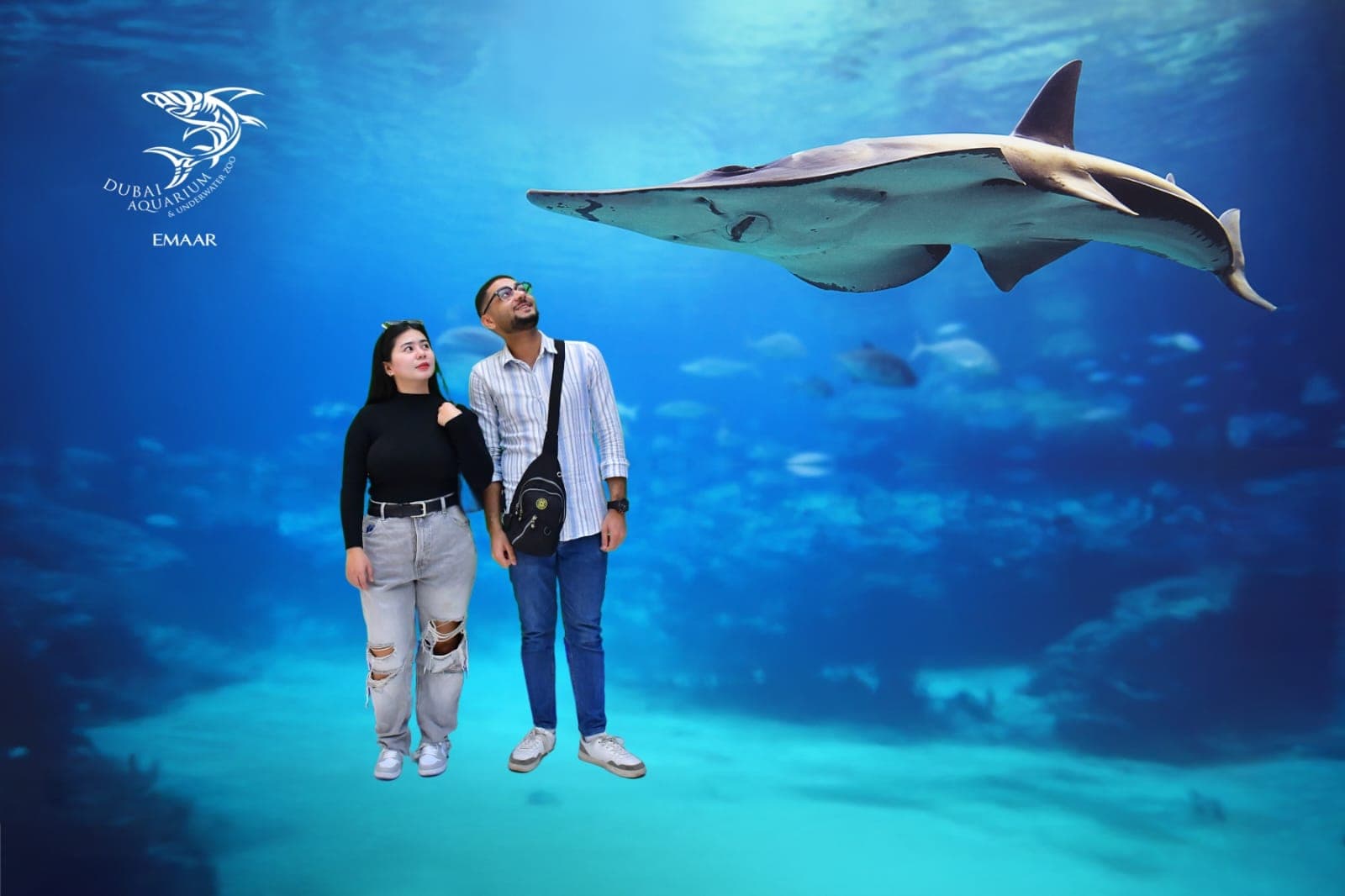 Kim and me standing together at Dubai Aquarium, with a sawfish gliding overhead